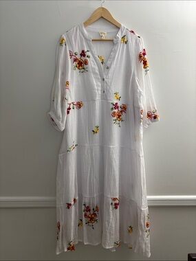 White Floral Embroidered Tiered Midi Dress